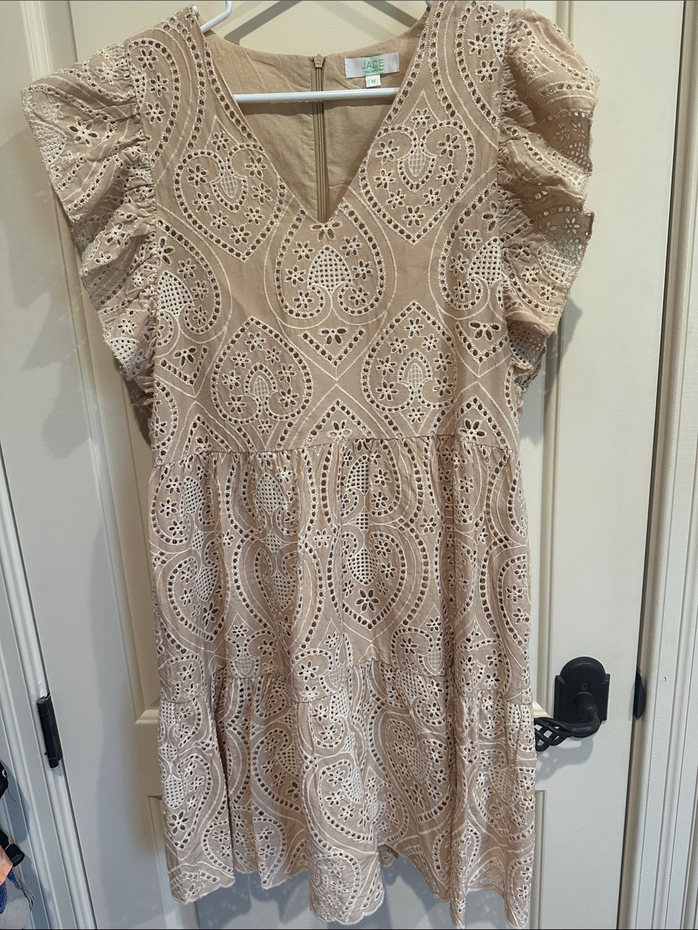 Jade Beige Eyelet V-Neck Ruffled Sleeve Dress